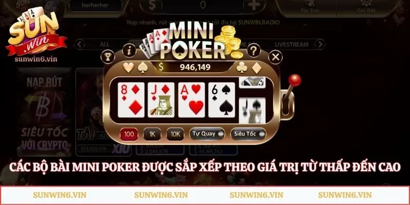 Mini Poker – Game Bài Đơn Giản, Dễ Chơi Cho Người Mới 2 Các bộ bài Mini Poker được sắp xếp theo giá trị từ thấp đến cao